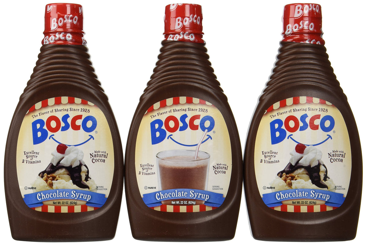 Bosco Original Chocolate Syrup 22 oz bottle pouring for desserts and drinks