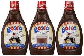 Bosco Original Chocolate Syrup 22 oz bottle pouring for desserts and drinks