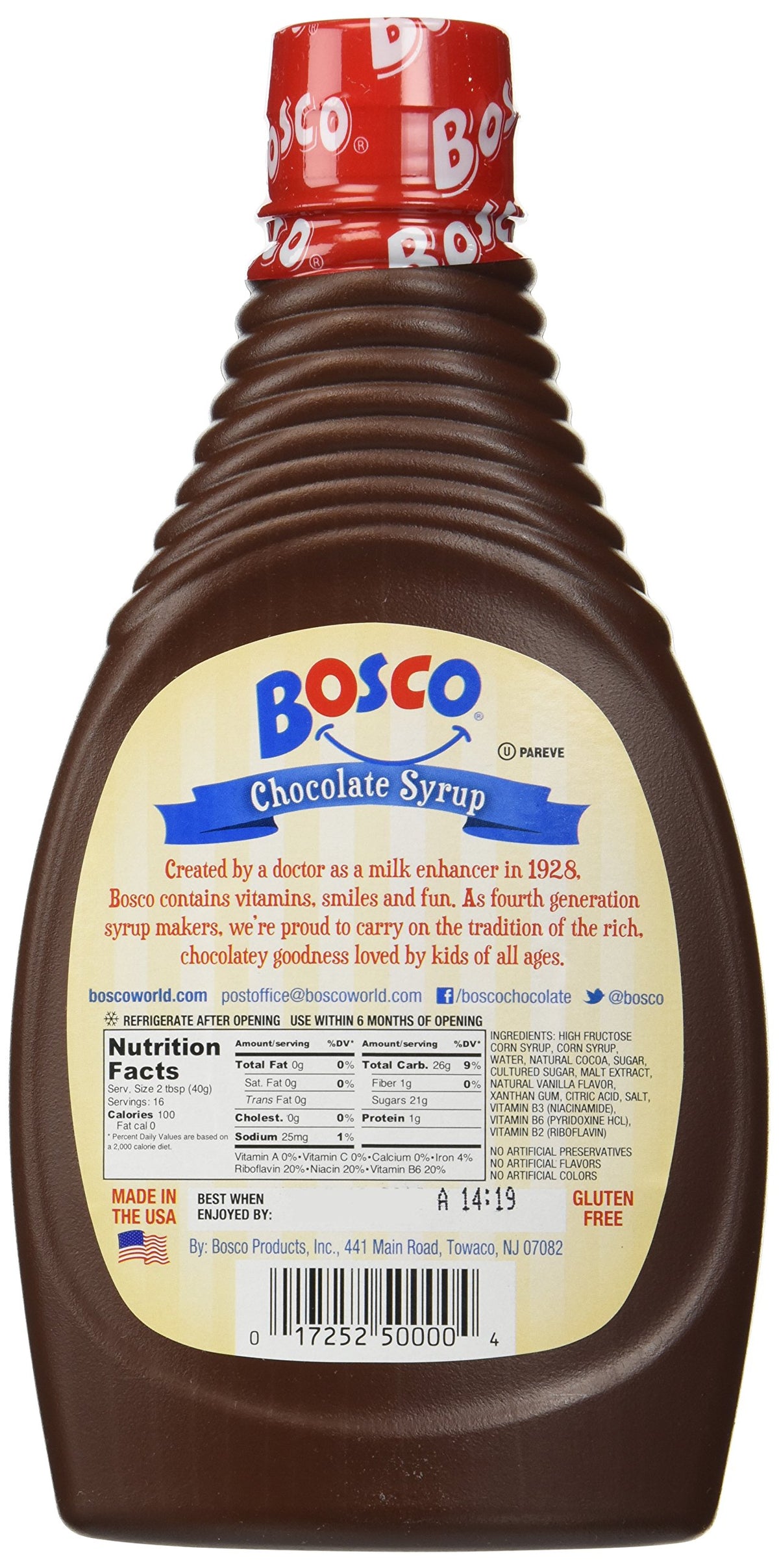 Bosco Original Chocolate Syrup bottle pour showing thick, rich texture for toppings