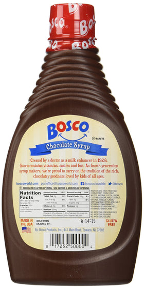 Bosco Original Chocolate Syrup bottle pour showing thick, rich texture for toppings