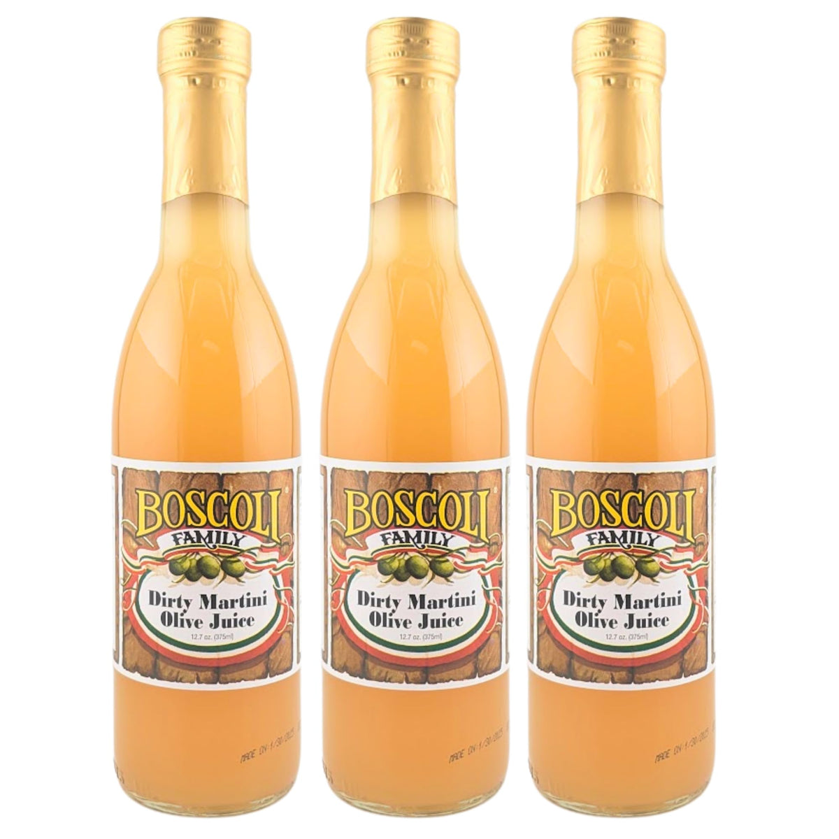 Boscoli Dirty Martini Olive Juice bottles on display, ready for premium martinis.