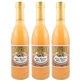 Boscoli Dirty Martini Olive Juice bottles on display, ready for premium martinis.