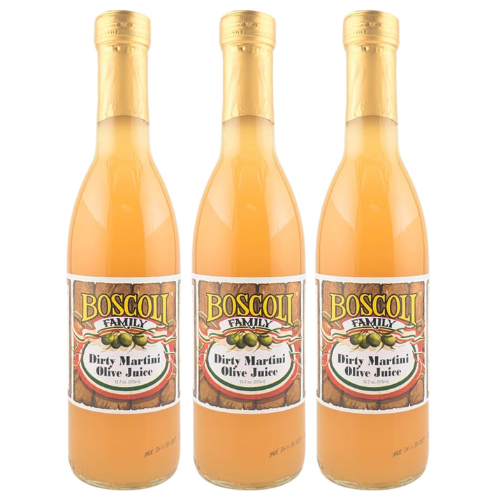 Boscoli Dirty Martini Olive Juice bottles on display, ready for premium martinis.
