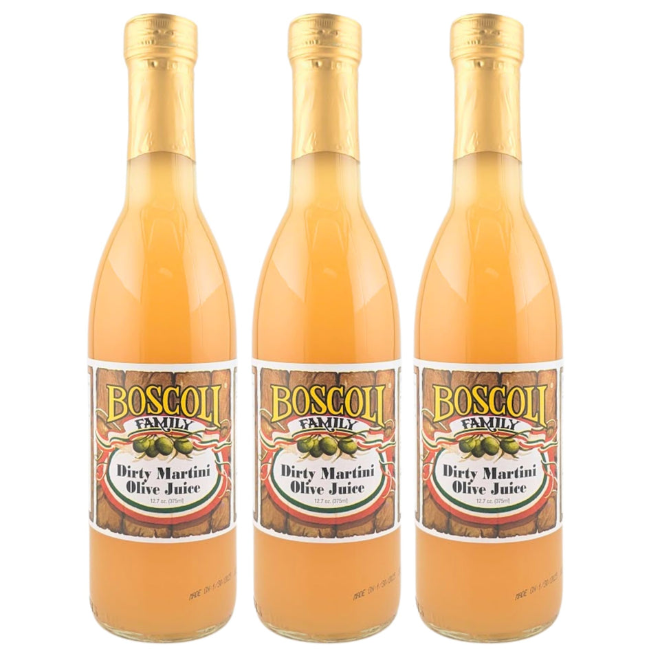 Boscoli Dirty Martini Olive Juice bottles on display, ready for premium martinis.
