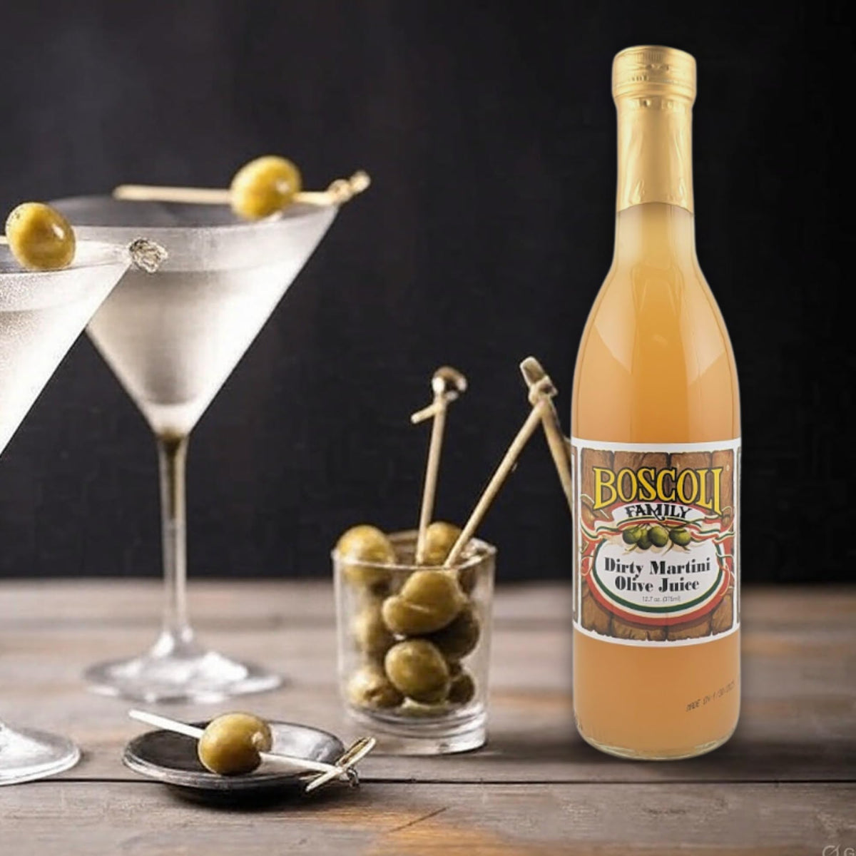 Cocktail setup featuring Boscoli Family Dirty Martini Olive Juice as a base