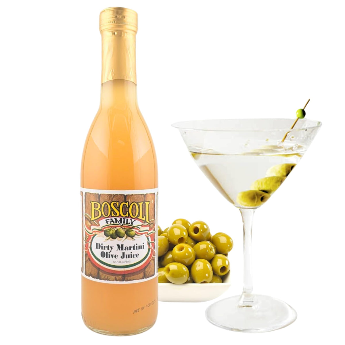 Boscoli Family Dirty Martini Olive Juice bottle front label for premium cocktails