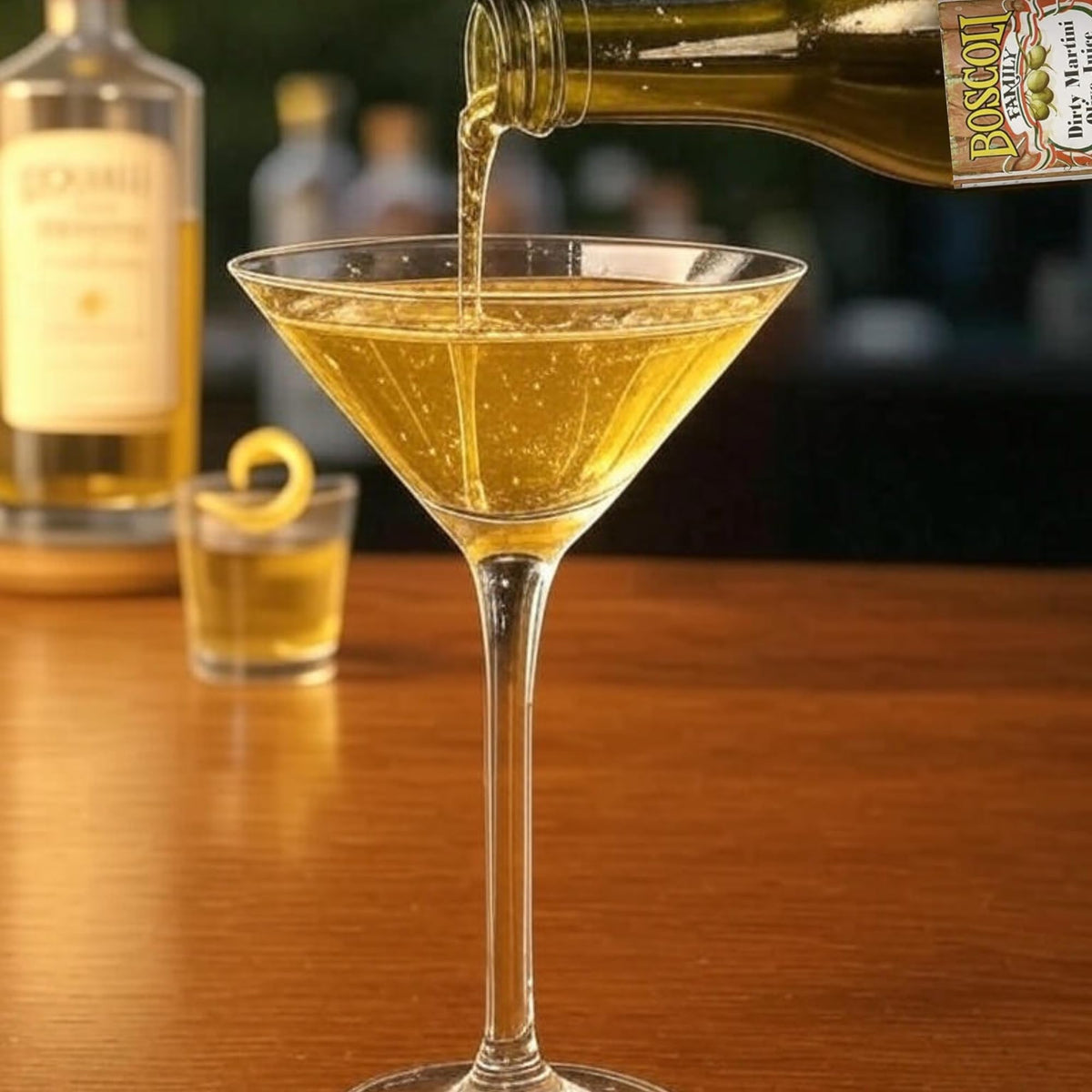 Boscoli Family Dirty Martini Olive Juice with olives and garnish for a martini