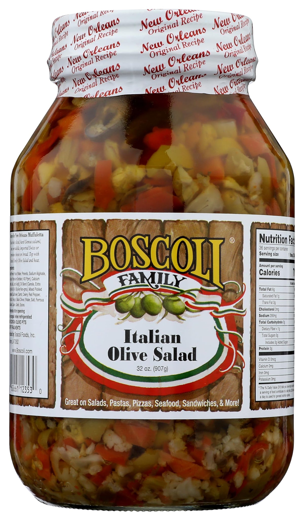 Boscoli Family Italian Olive Salad jar with briny olives and peppers, ideal for muffuletta