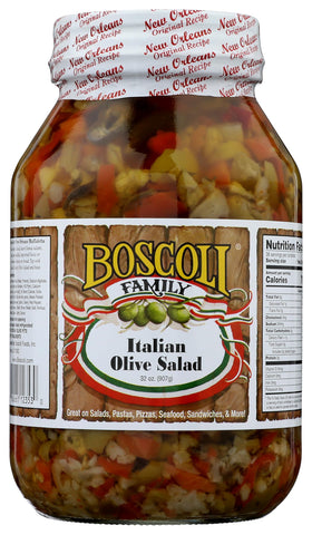 Boscoli Family Italian Olive Salad jar with briny olives and peppers, ideal for muffuletta