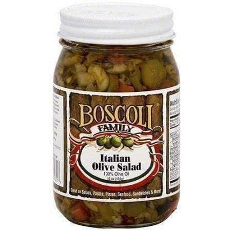 Boscoli Family Italian Olive Salad jar label highlights authentic New Orleans flavor.