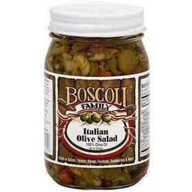 Boscoli Family Italian Olive Salad jar label highlights authentic New Orleans flavor.