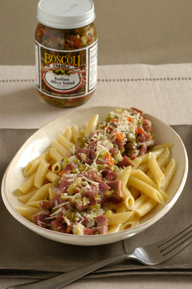 Boscoli Family Olive Salad pasta-dish, quick toss adds savory depth