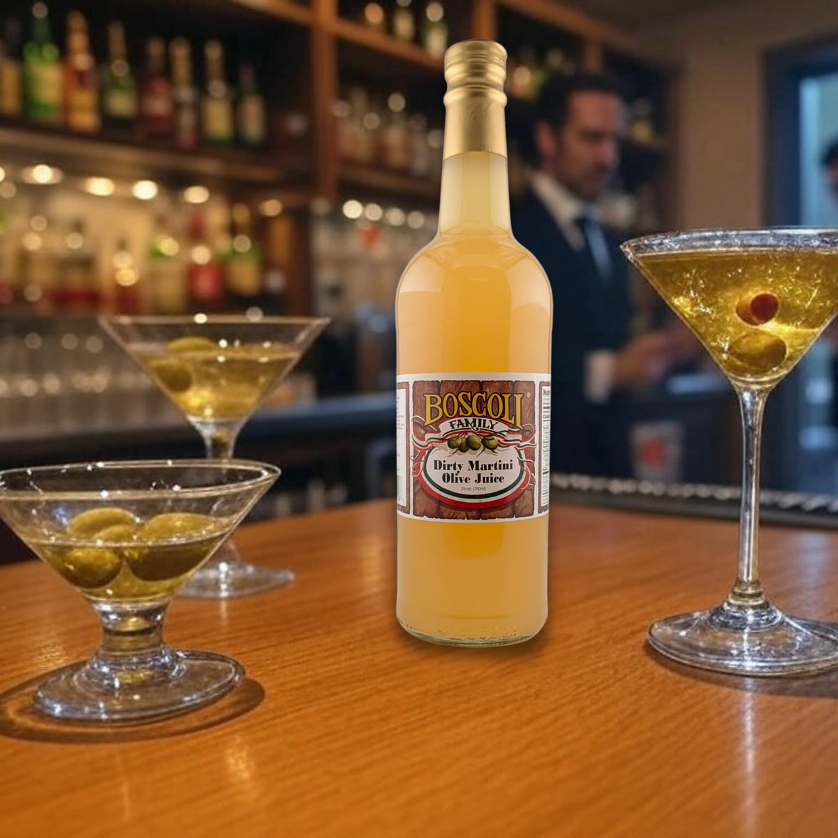 Boscoli Olive Brine Bloody Mary setup emphasizes bold savory kick.