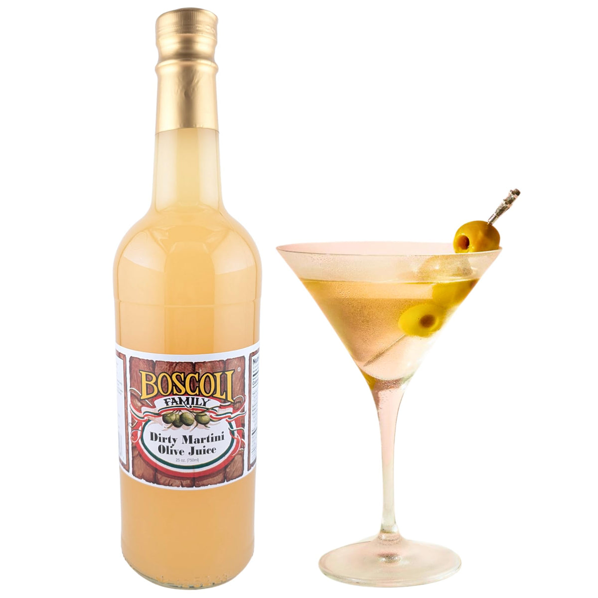 Boscoli Olive Brine bottle pour showcases briny flavor for cocktails.