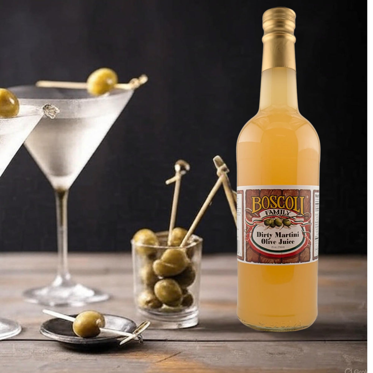 Boscoli Olive Brine kitchen scene suggests versatile cocktail use.