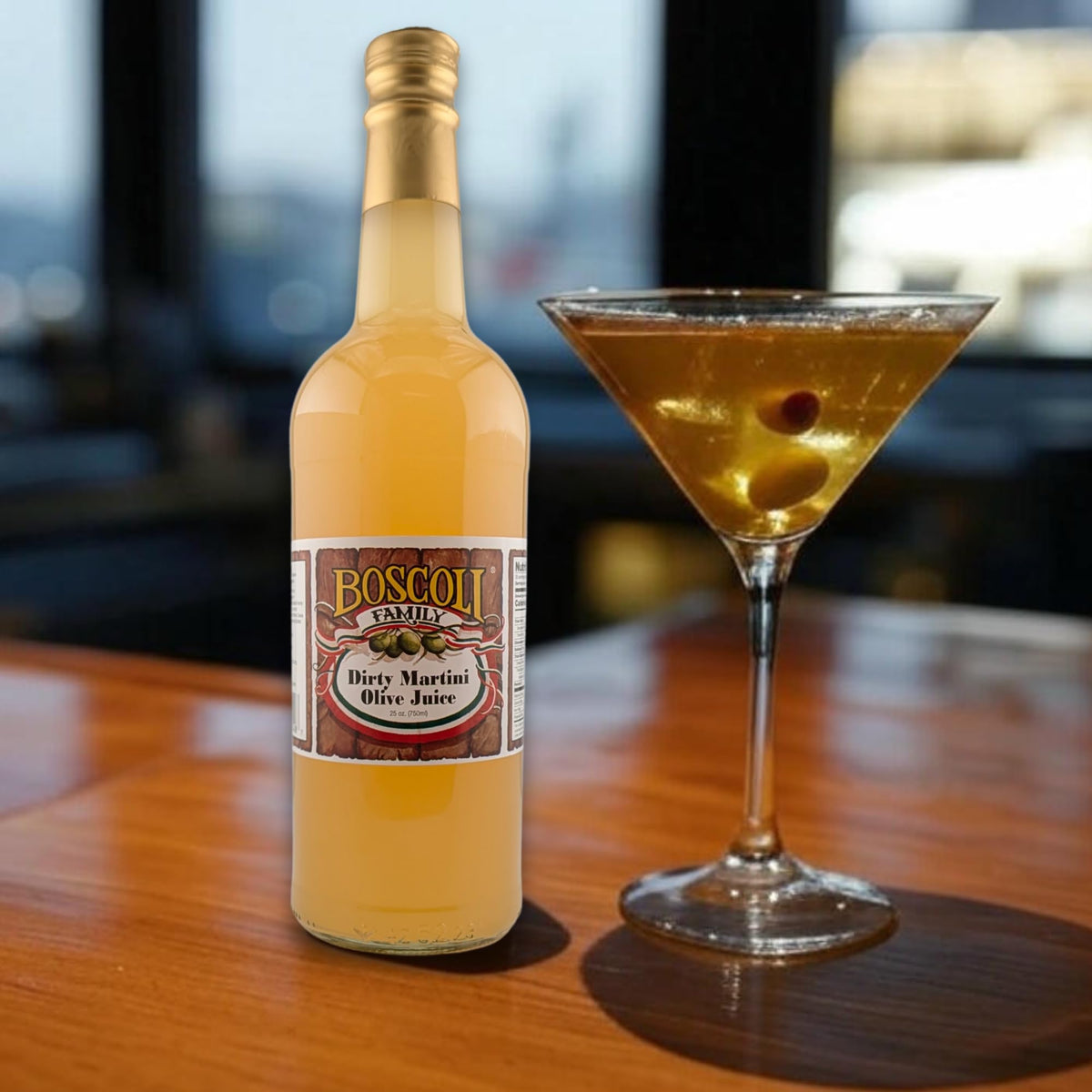 Pouring Boscoli olive juice for quick pro style cocktails