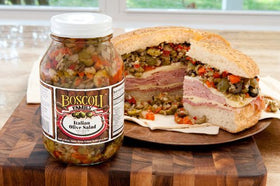 Close-up of olives and peppers in Boscoli Olive Salad shows texture for toppings.