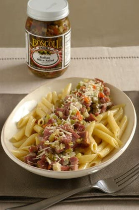 Ready-to-serve Boscoli Olive Salad packaging supports quick, tasty meals.