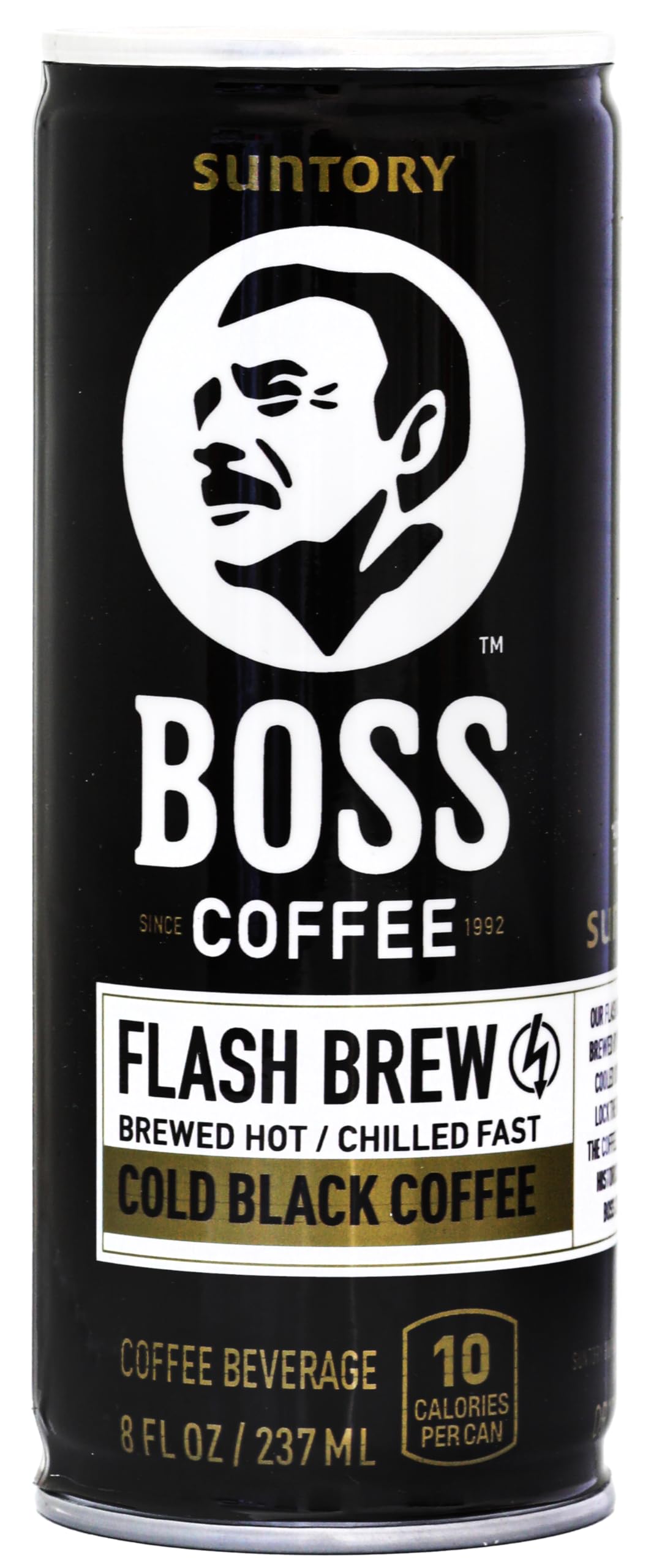 BOSS Coffee can close-up highlighting bold flash brew aroma.