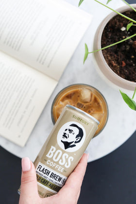 BOSS Coffee flash-brew can side displays convenient on-the-go caffeine for busy days.