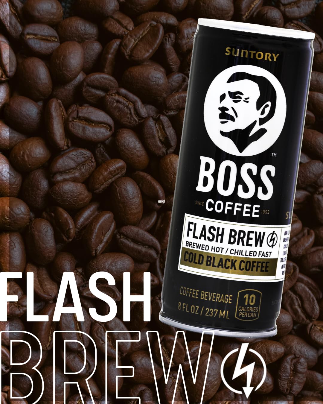 Close-up of Japanese origin badge on BOSS Coffee can.