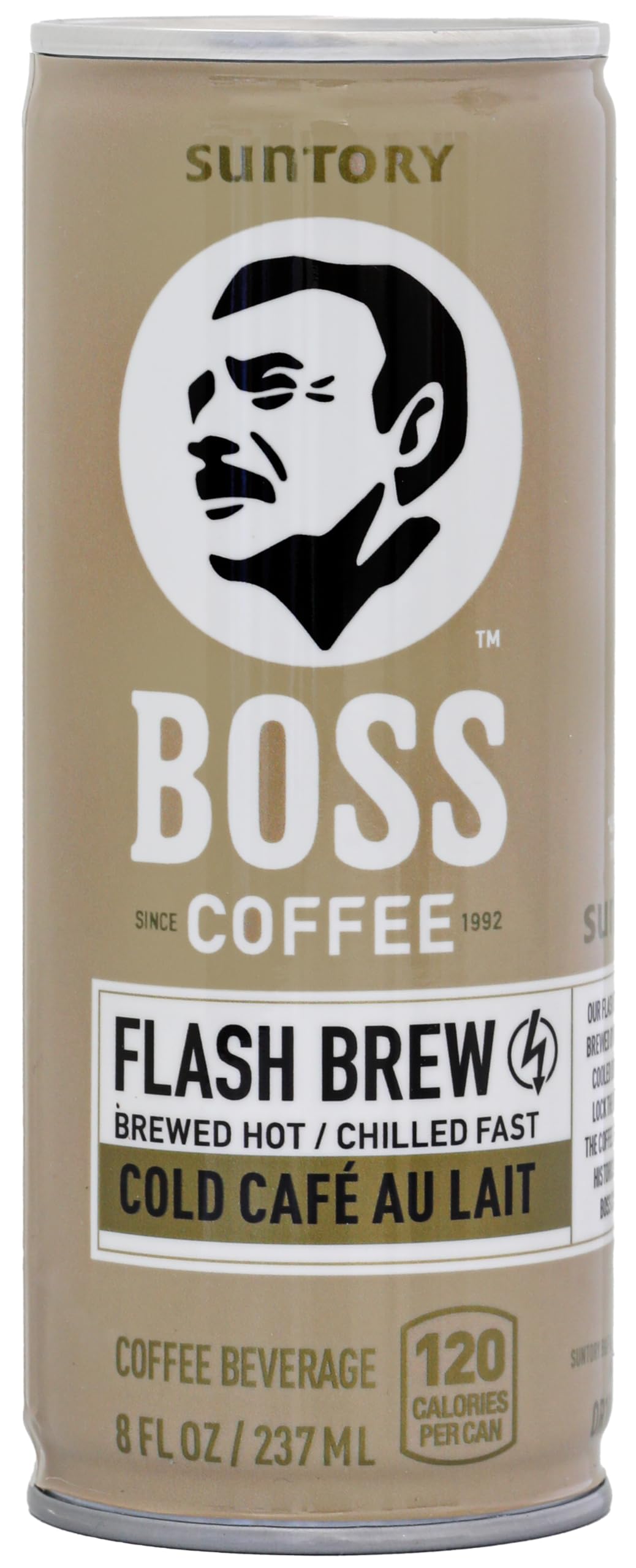 BOSS Coffee can front showcasing Japanese flash brew for bold, ready-to-drink energy.