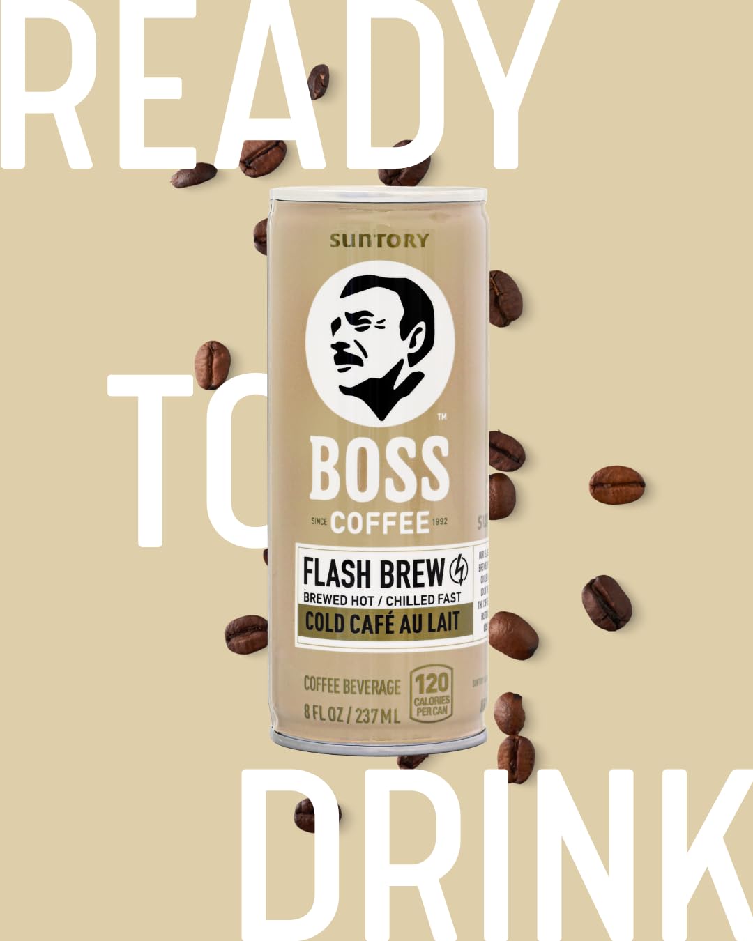 BOSS Coffee label close-up emphasizes brand and caffeine boost.
