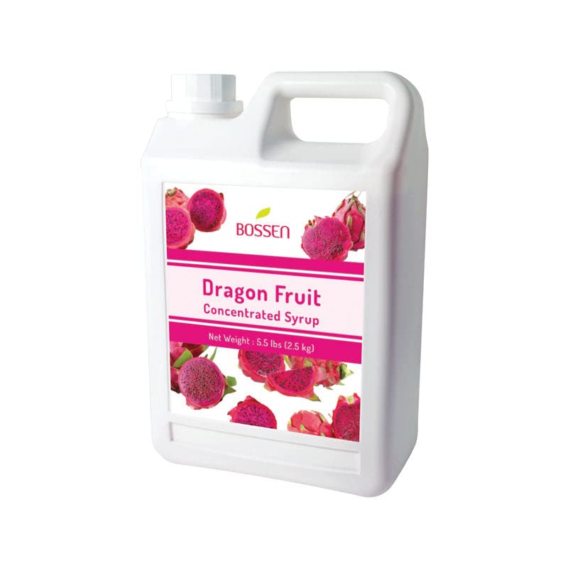 Bossen Dragon Fruit Syrup bottle label highlighting premium flavor and authentic dragon fruit notes.