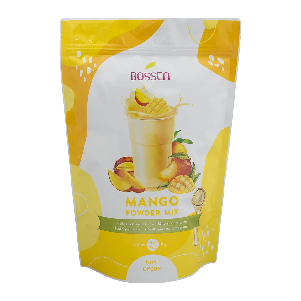 Bossen Mango Bubble Tea Powder Mix bag shows premium base for at-home drinks
