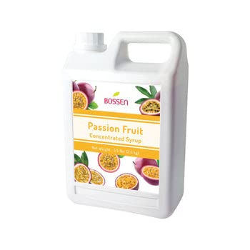 Bossen Passion Fruit Syrup bottle closeup demonstrates premium flavor for drinks.