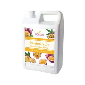 Bossen Passion Fruit Syrup bottle closeup demonstrates premium flavor for drinks.