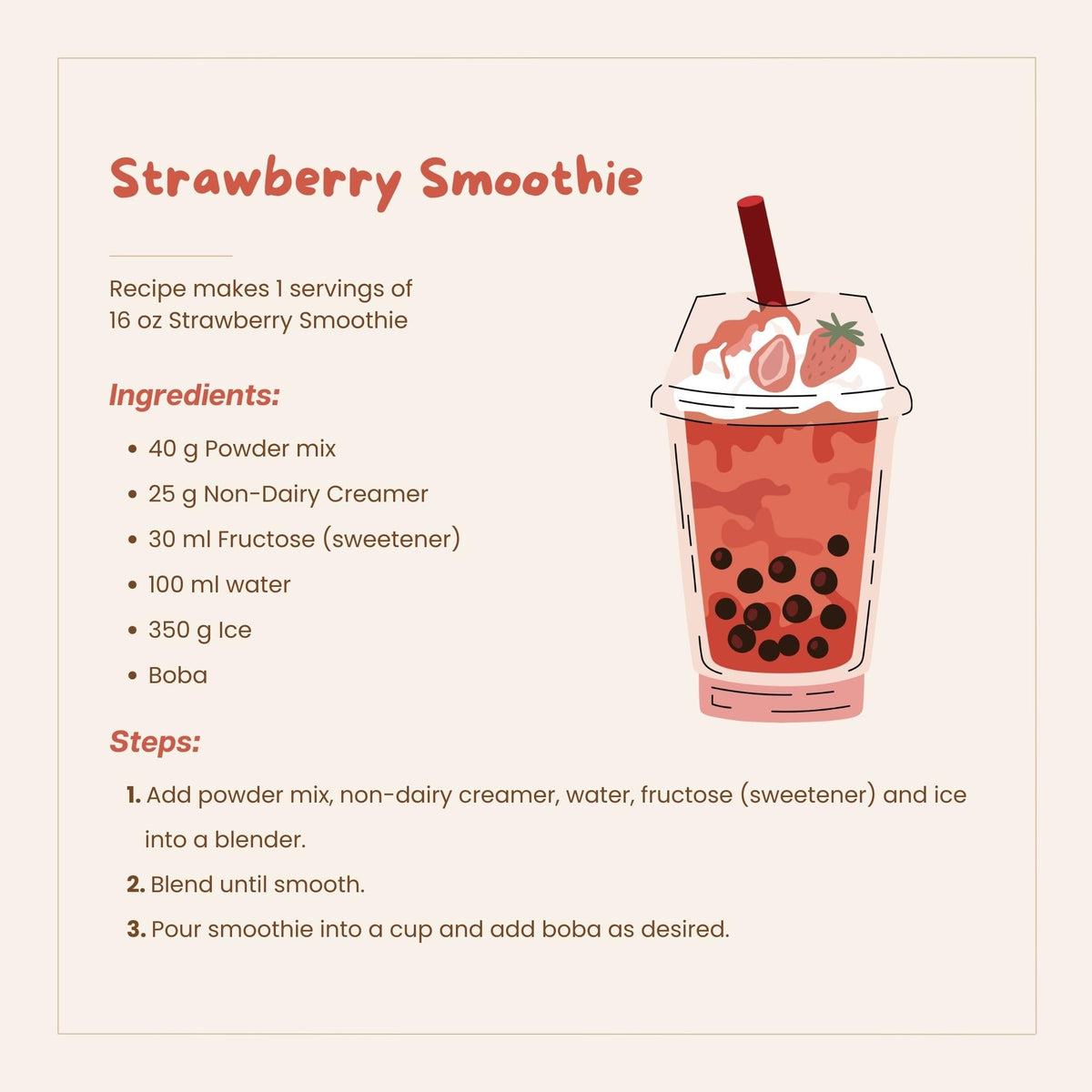 Bubble tea prep with Bossen Strawberry Powder Mix and toppings