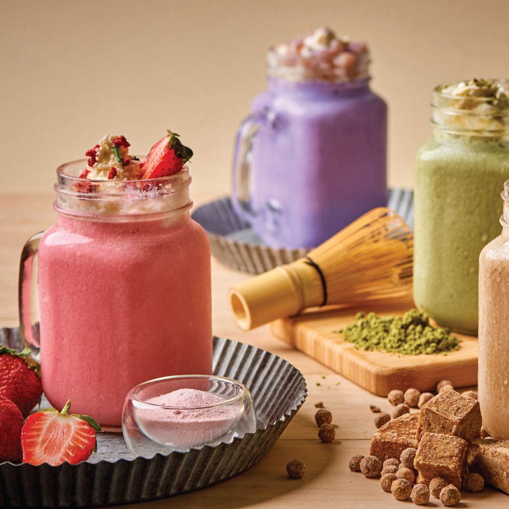 Close-up of toppings and a glass using Bossen Strawberry powder
