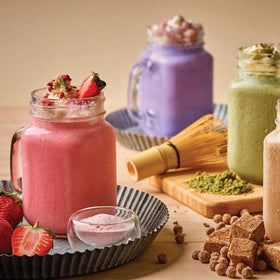 Close-up of toppings and a glass using Bossen Strawberry powder