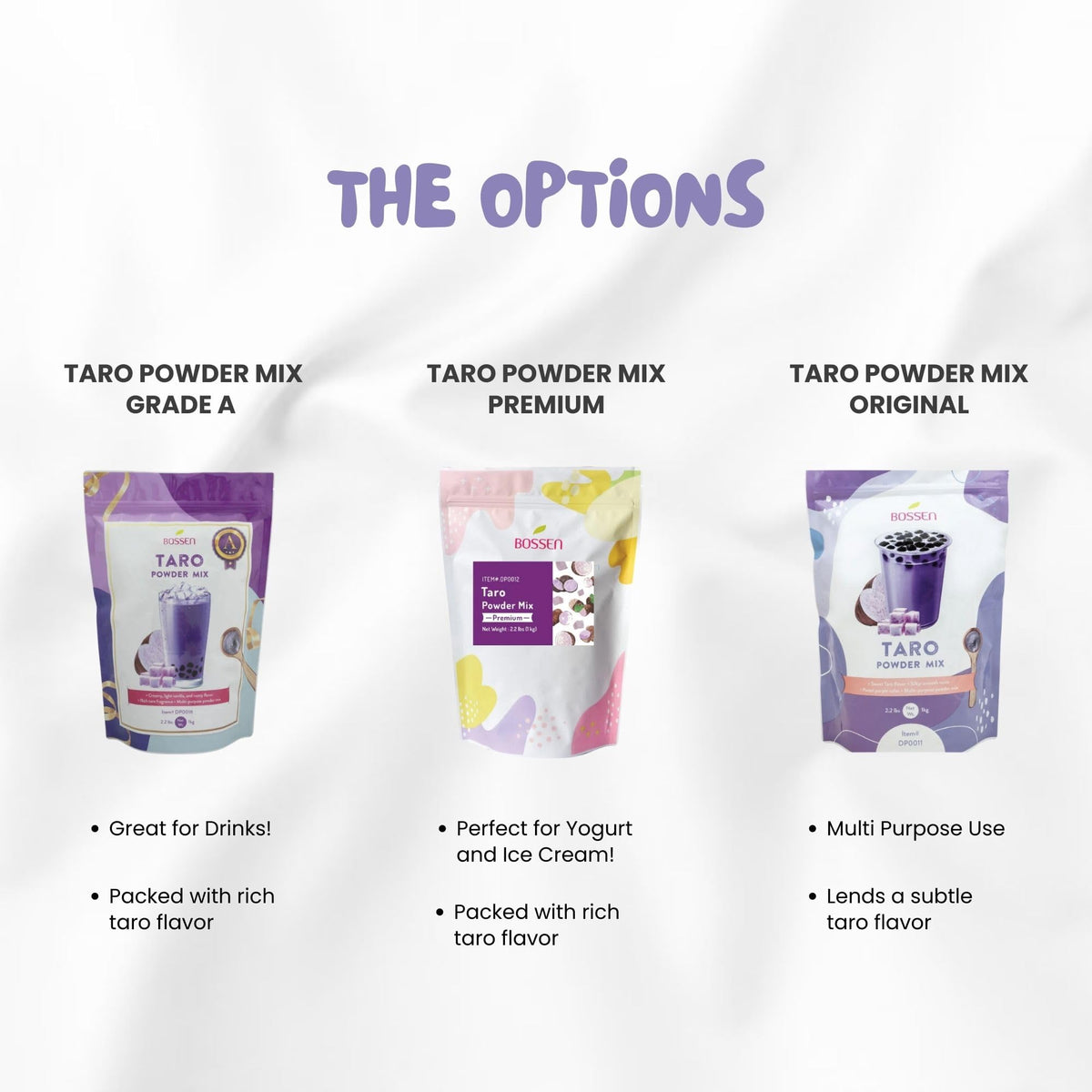 Bossen Taro Grade A powder texture close-up showing 3-in-1 formula convenience