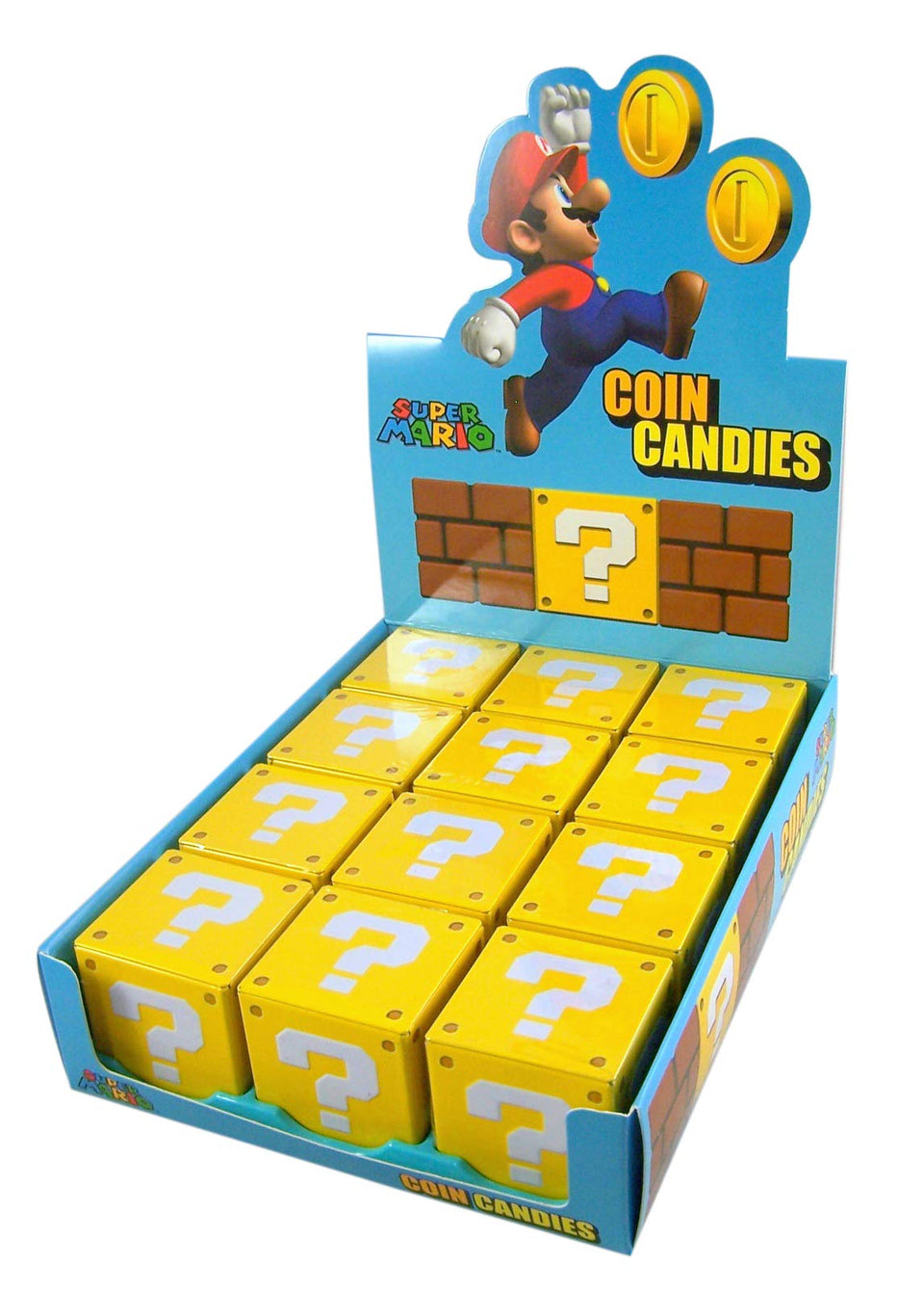 Boston America Nintendo Mario coin candies tin display showing 12 treats for collectors