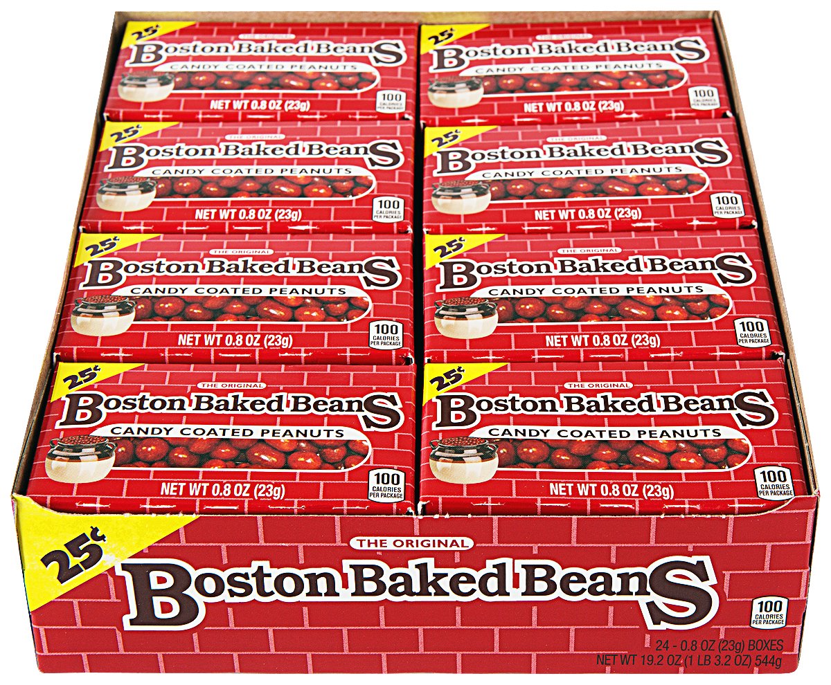 Boston Baked Beans candy coated peanuts in a 0.8 oz pack, a sweet crunchy protein snack