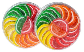 Boston Fruit Slices two 11oz acetate circles on display; vegan and gluten-free indulgence.
