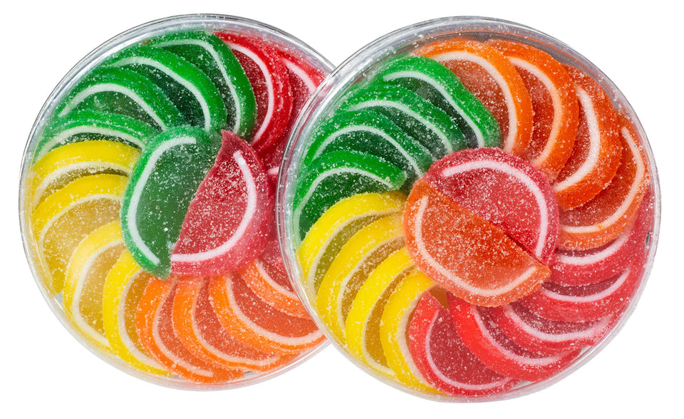 Boston Fruit Slices two 11oz acetate circles on display; vegan and gluten-free indulgence.