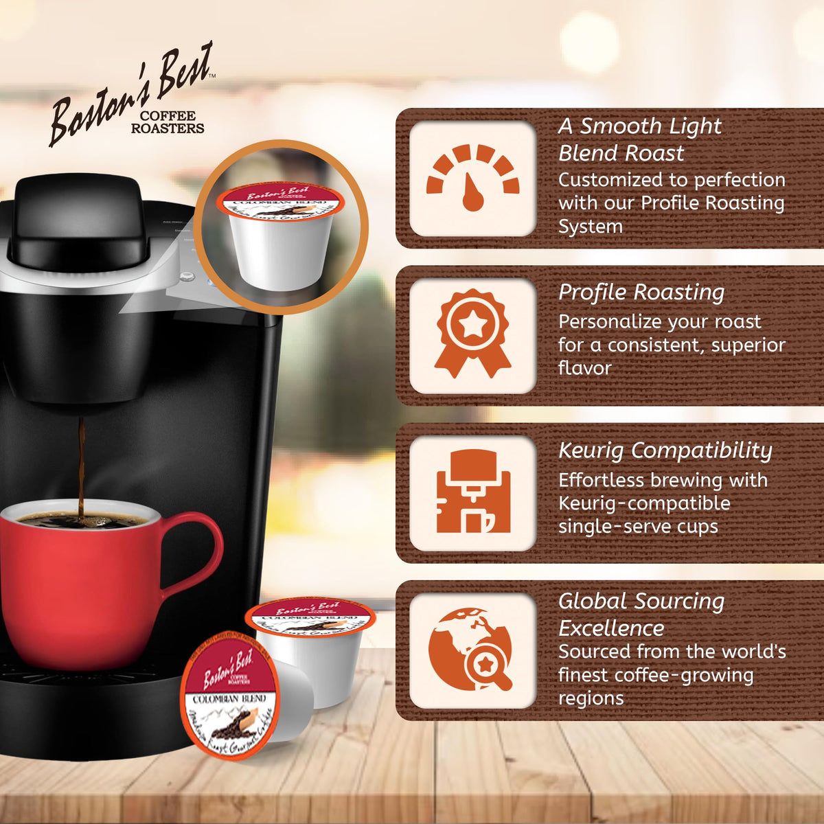 Bostons Best 80 single-serve cups for easy brewing.