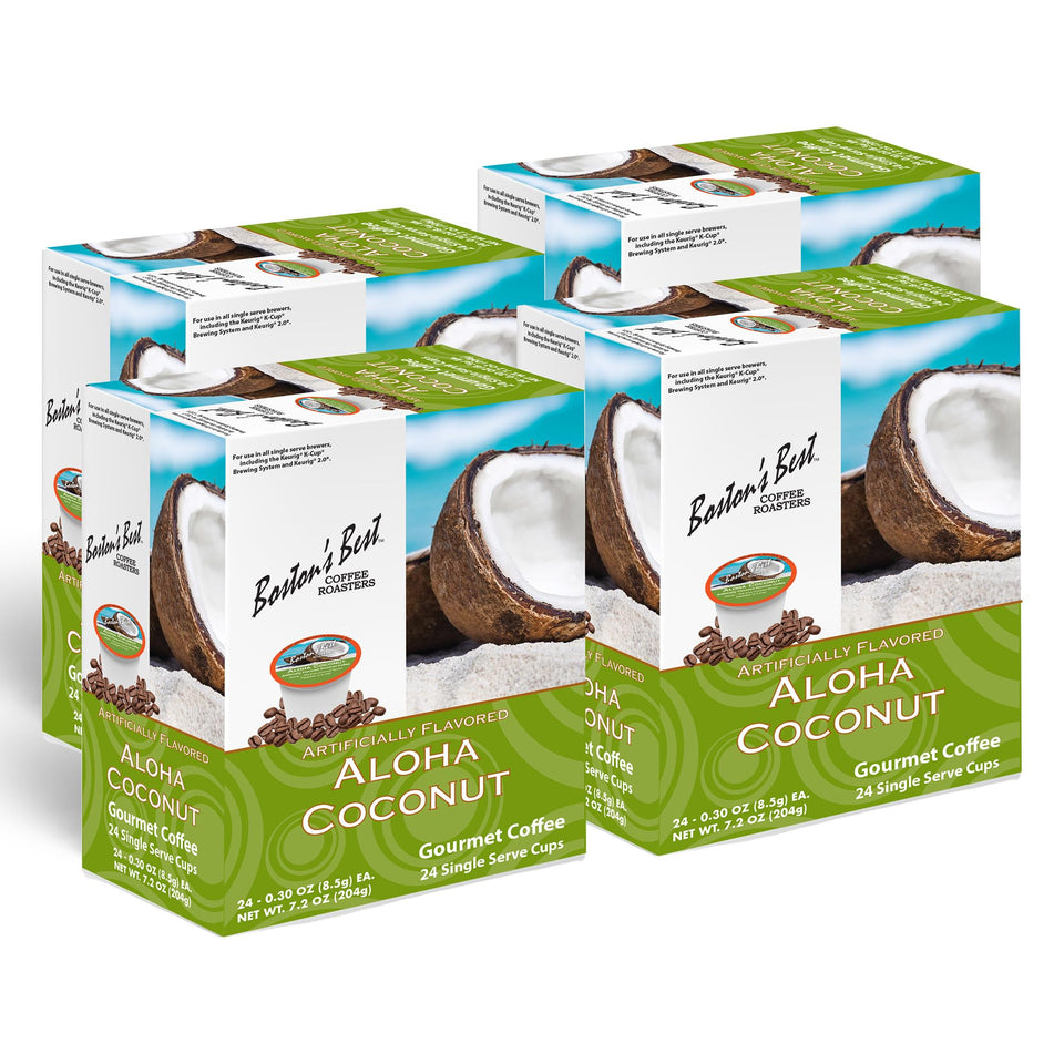 Bostons Best Aloha Coconut coffee cups for Keurig, tropical flavor ready in seconds.