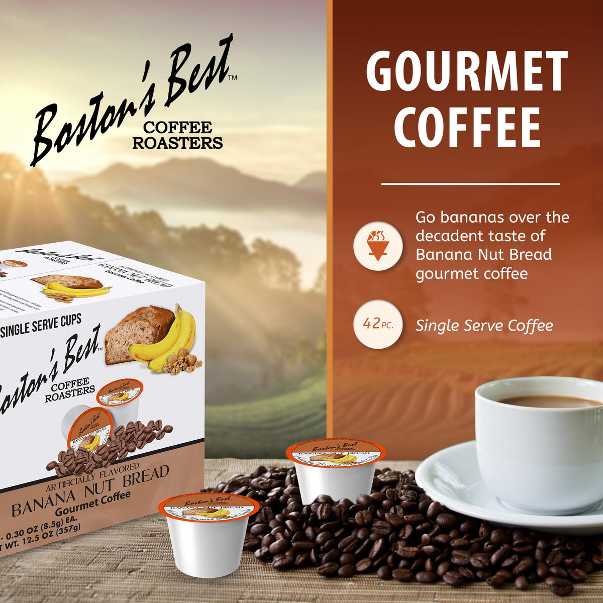 Boston's Best brewed coffee steam signaling a warm, ready-to-enjoy cup