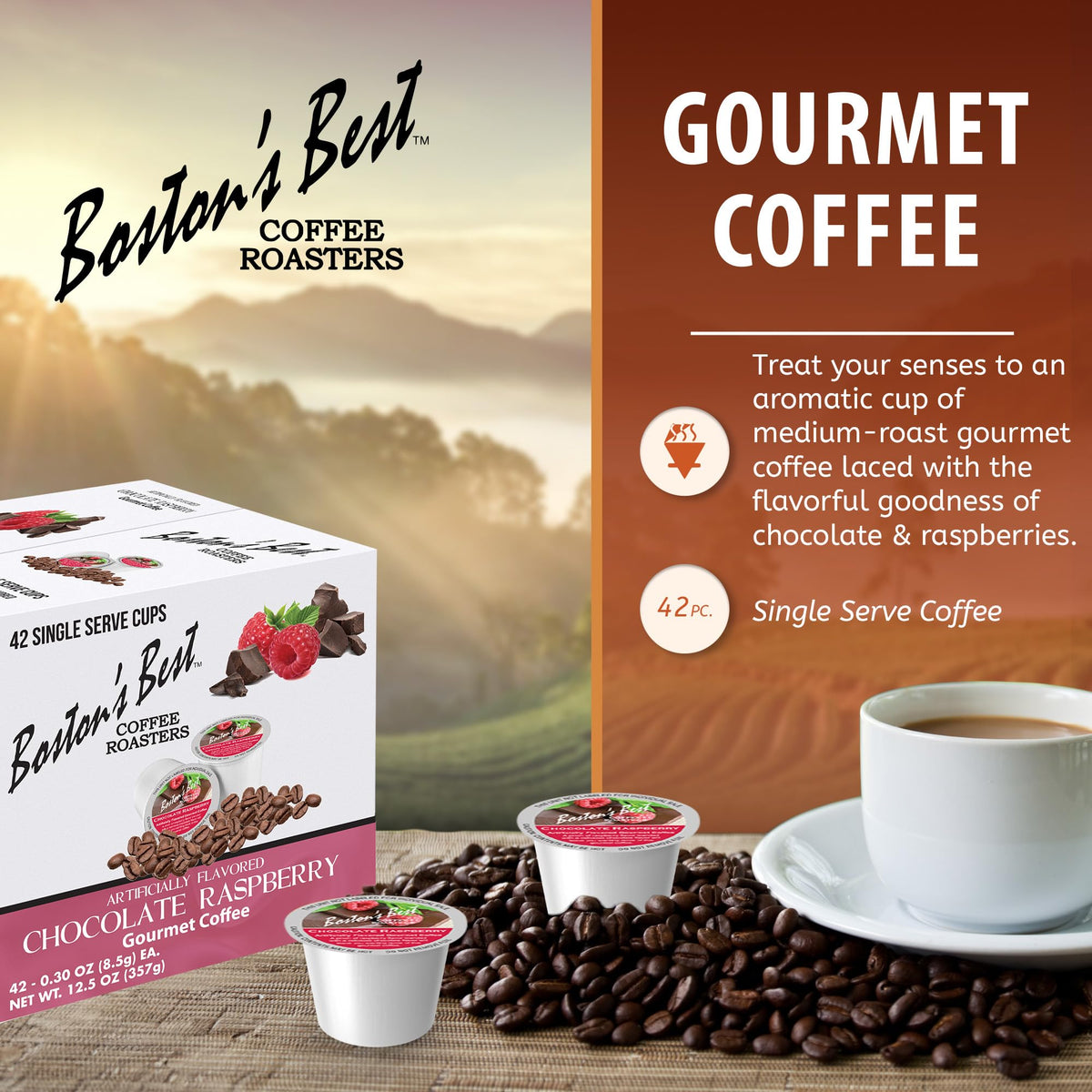 Boston’s Best Chocolate Raspberry coffee cup with mug delivers a rich aroma for cozy mornings