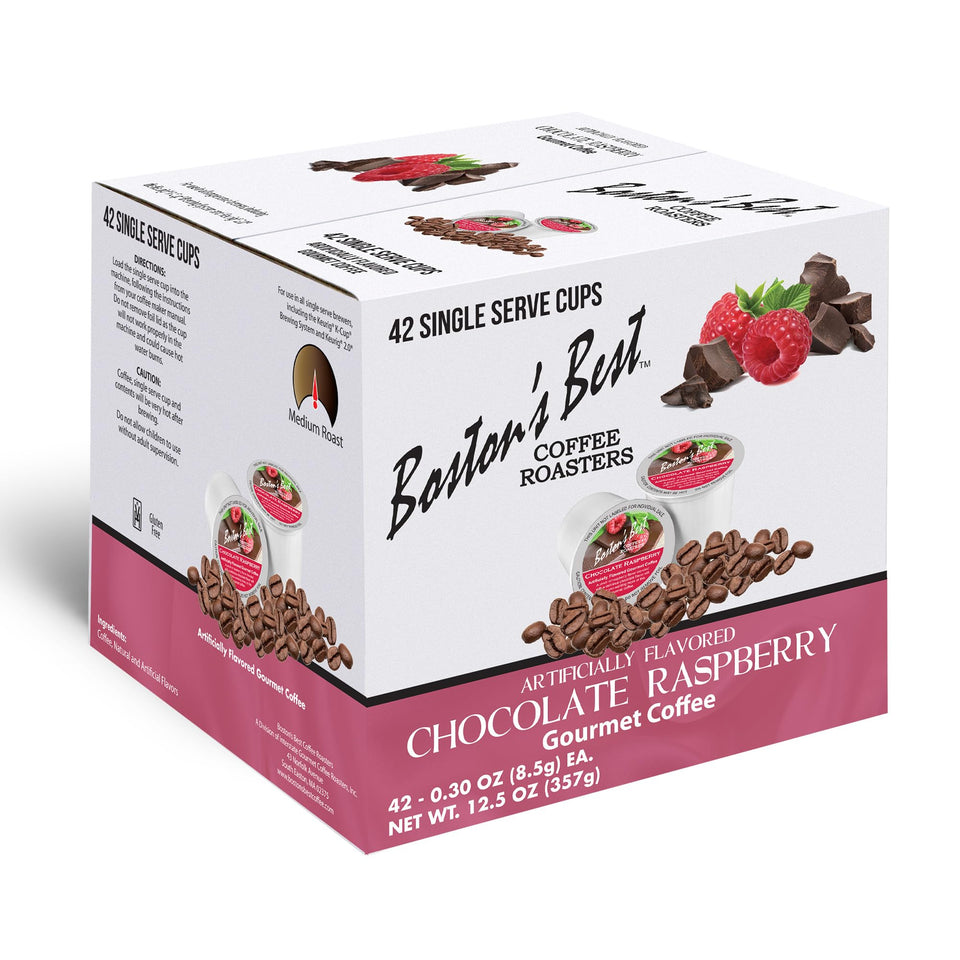 Boston’s Best Chocolate Raspberry single-serve cups ready for quick morning brews