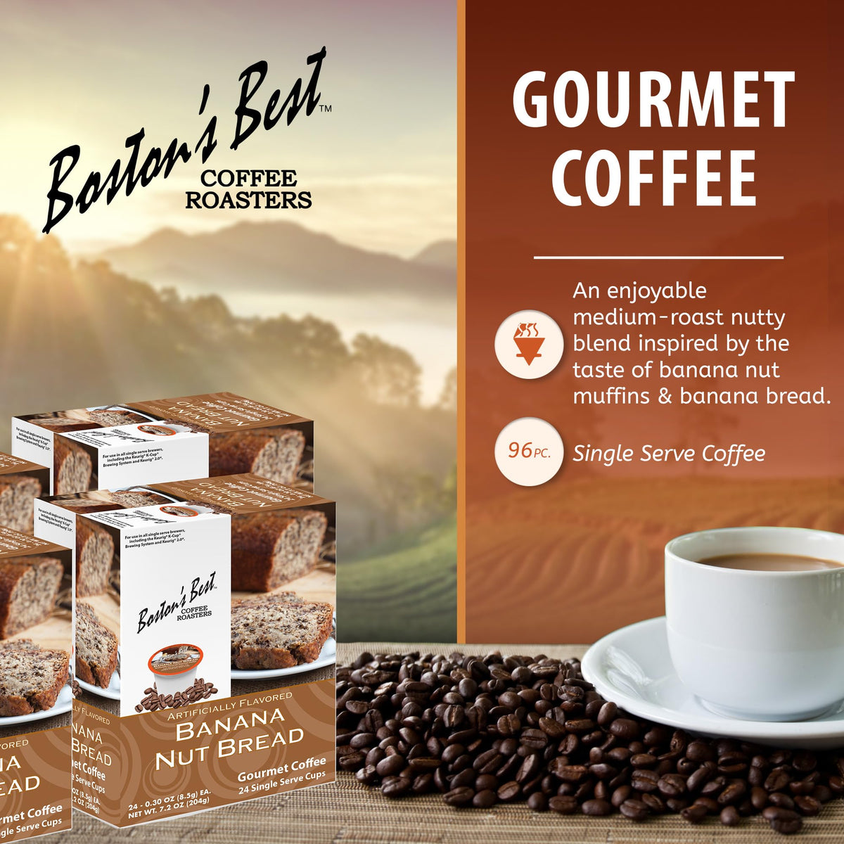 Boston’s Best flavored medium-roast coffee cup offers a sweet, nutty flavor profile