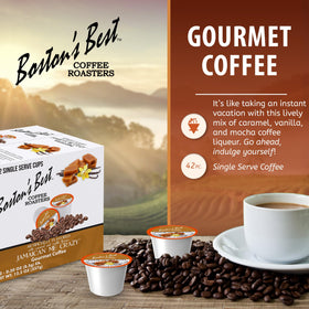 Boston's Best Jamaican Me Crazy coffee being poured to reveal a rich aroma.