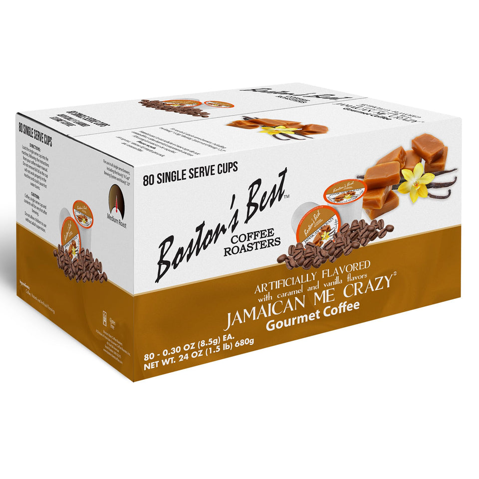 Boston's Best Jamaican Me Crazy coffee cup close-up showing caramel vanilla mocha notes