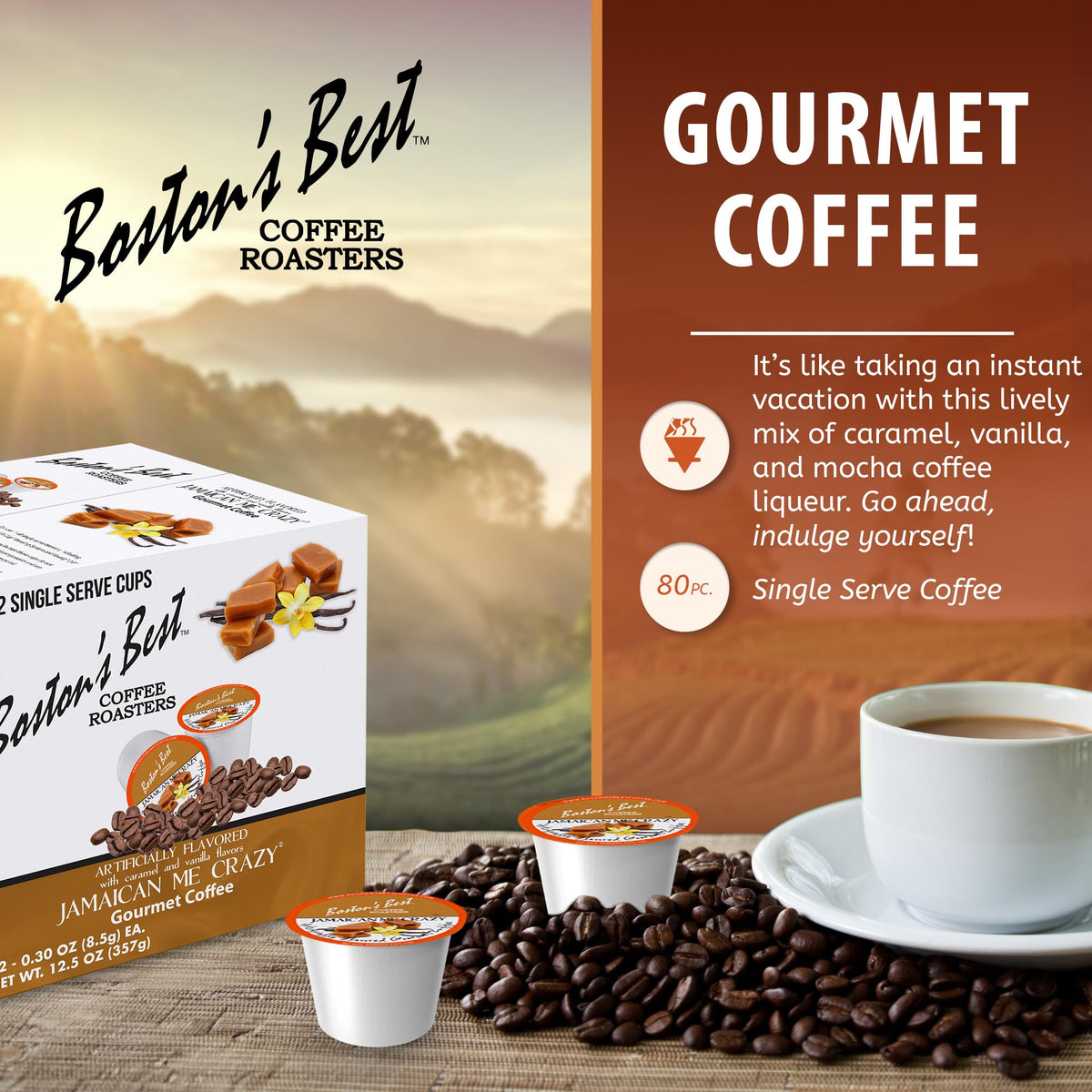 Boston's Best Jamaican Me Crazy coffee steaming cup with inviting aroma