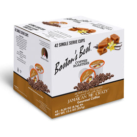 Boston's Best Jamaican Me Crazy coffee packaging showing a 42-count box for easy mornings.
