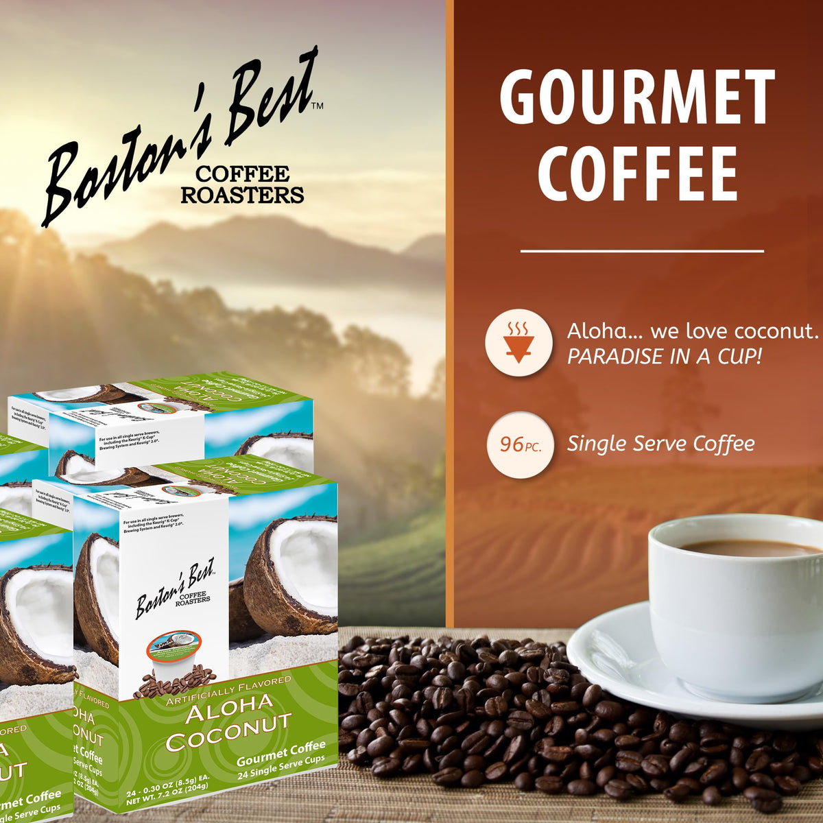 Bostons Best medium-roast flavored coffee, coconut notes for everyday enjoyment.